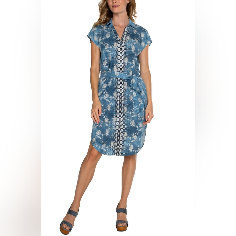 Liverpool Blue and White Asymmetrical Midi Dress